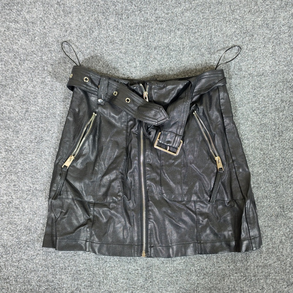 Y2K Privy Black Faux Leather Moto Mini Skirt Belted Zip Pockets Size M